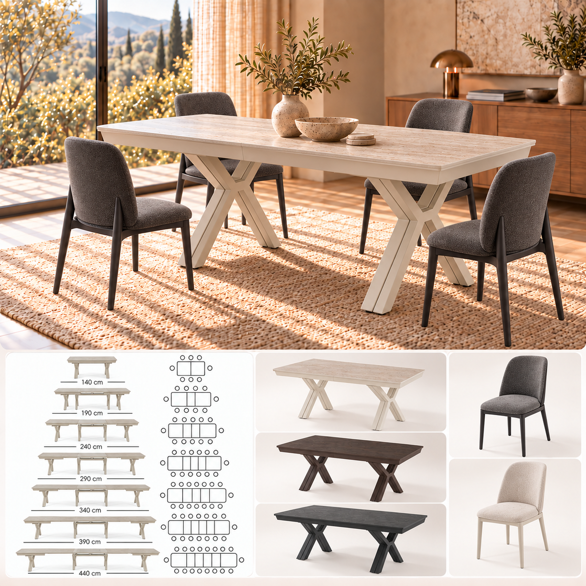Jídelní sestava Petra 140-440 cm + 4 židle Genova